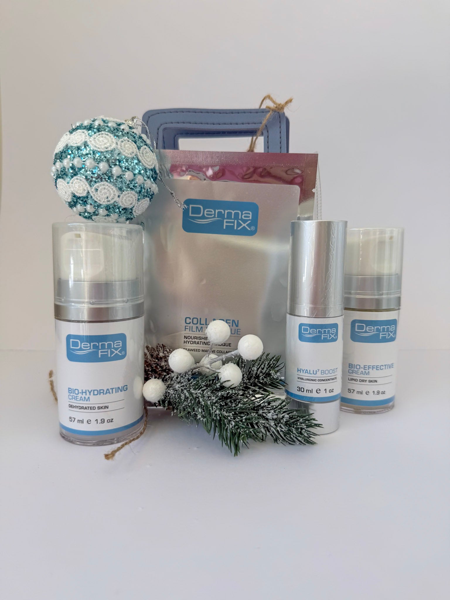 Derma Fix skincare products with decorative elements on a white background