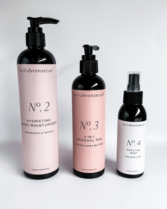 Bella Bronze skincare collection featuring Hydrating Body Moisturiser and Face Tan Mist bottles