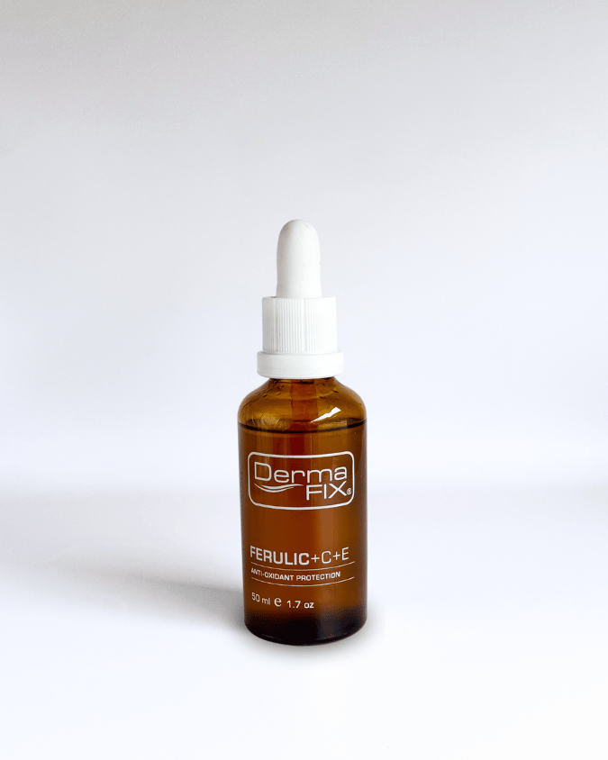 Brown dropper bottle clearly displaying DermaFix Ferulic + Vit C + E
