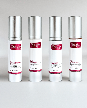Group of DermaFix skincare bottles