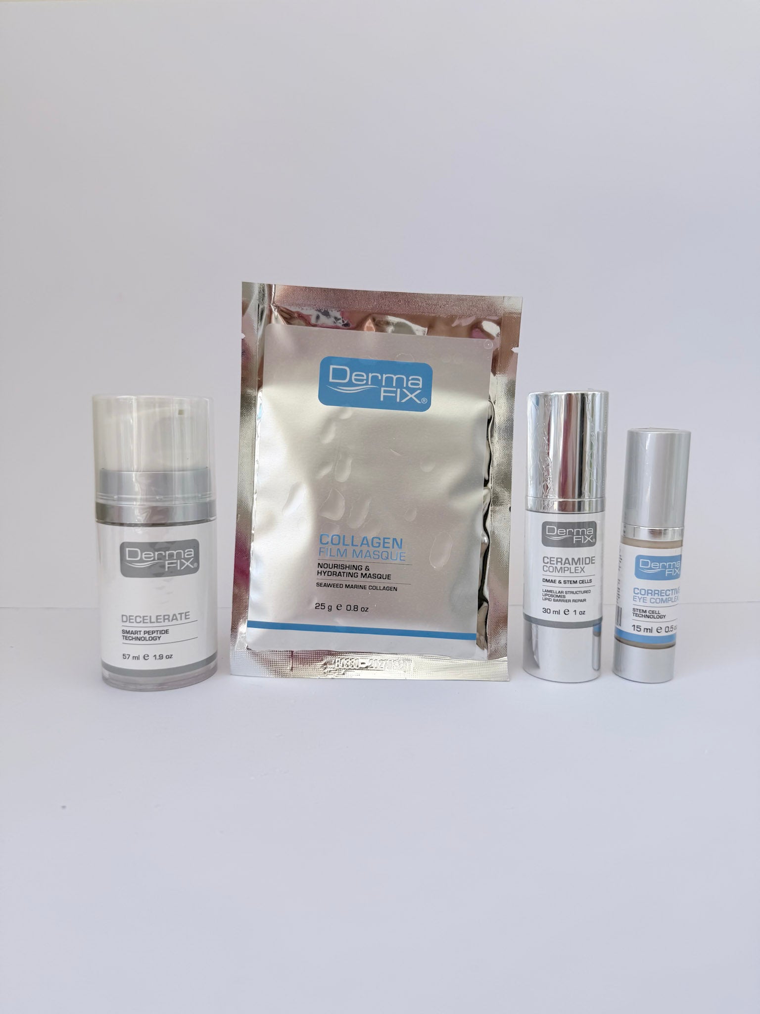 Derma Fix skincare products including a foil pack and three bottles on a white background