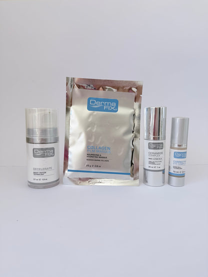 Derma Fix skincare products including a foil pack and three bottles on a white background