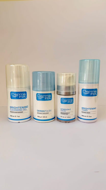 Four bottles of Derma Fix skincare products on a white background