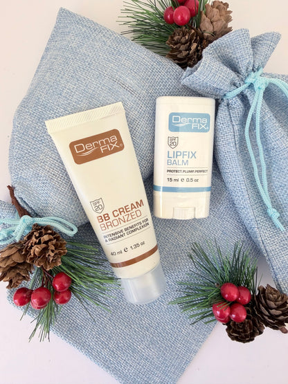 Two skincare products, 'BB Cream Bronzed' and 'Lip Fix Balm', on a textured fabric background with decorative elements.