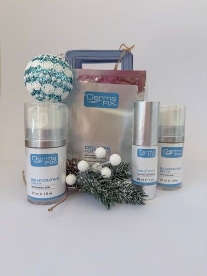 Derma Fix skincare products with decorative elements on a white background