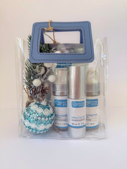 Packaged skincare products with decorative items on a white background