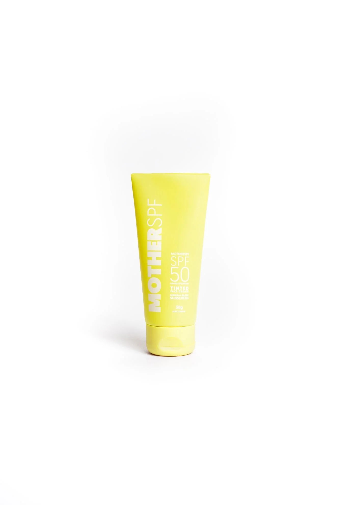 Mother SPF 50 – Tinted mineral sunscreen in eco-friendly packaging, providing broad-spectrum UVA/UVB protection with a satin-matte finish.
