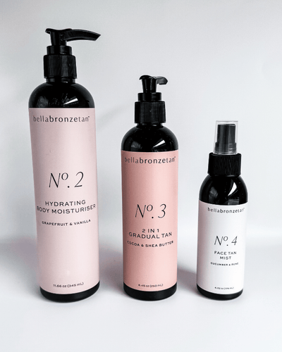 Bella Bronze skincare collection featuring Hydrating Body Moisturiser and Face Tan Mist bottles
