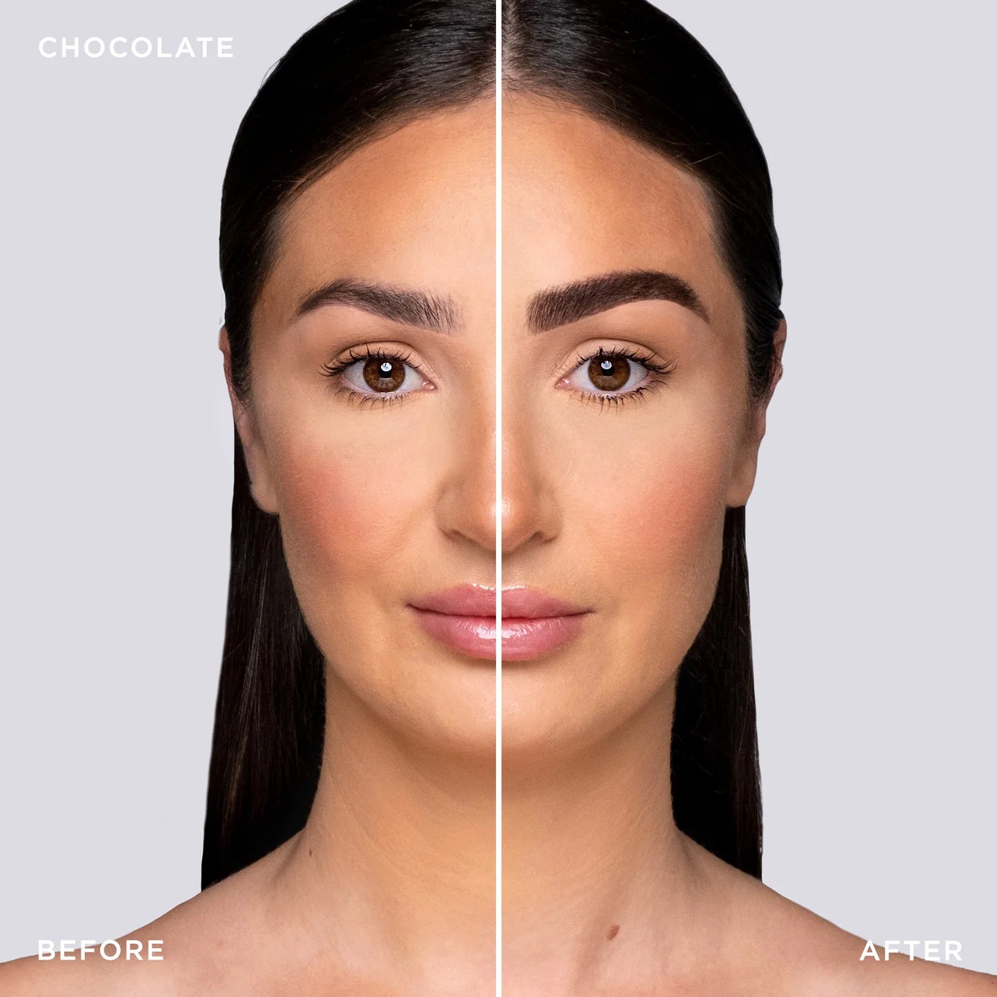 Before and after using Brow Code Tinted Multi-Peptide Brow Gel in Chocolate, showing enhanced brow fullness with a warm brown tint.