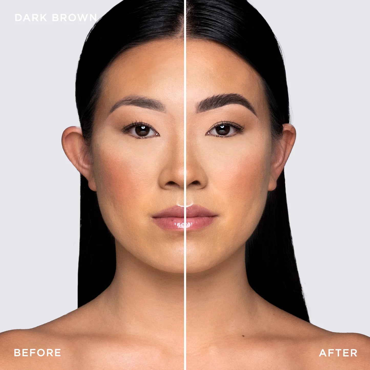 Before and after results with Brow Code Tinted Multi-Peptide Brow Gel in Dark Brown, revealing naturally defined, rich brown brows.