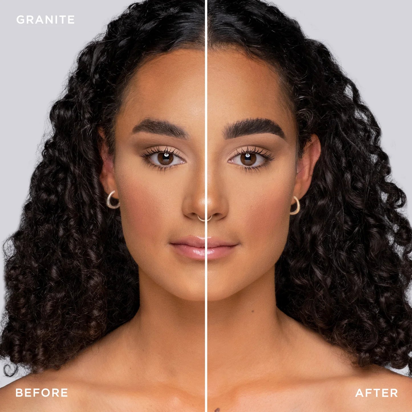 Before and after using Brow Code Tinted Multi-Peptide Brow Gel in Granite, showcasing deep, cool-toned definition for bold, structured brows.