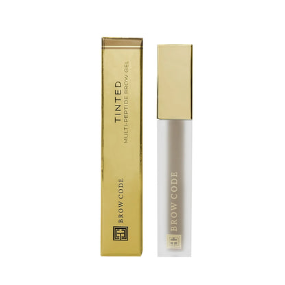 Brow Code Tinted Multi-Peptide Brow Gel tube featuring professional black packaging with sleek branding.