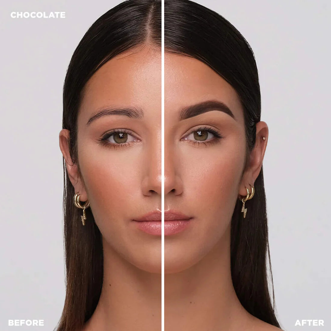 Before and after using Brow Code Creamades Brow Pomade in Chocolate, delivering a rich, warm-toned brown.