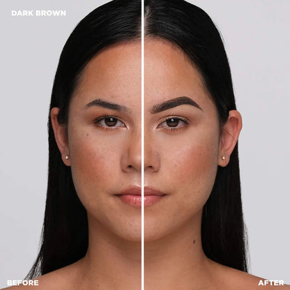 Before and after using Brow Code Creamades Brow Pomade in Dark Brown, defining brows with a deep, rich brown.