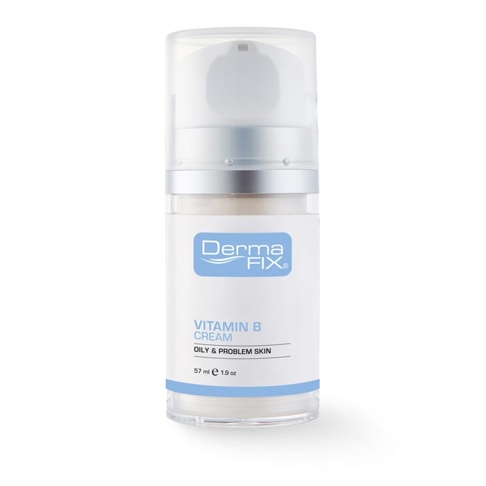 Close-up of DermaFix Vitamin B Cream pump bottle – advanced skincare with niacinamide